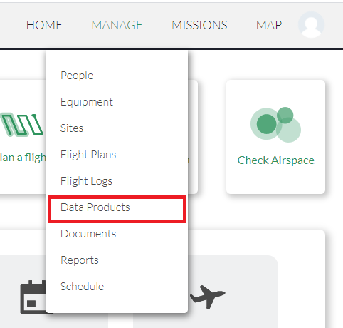 Data products dropdown